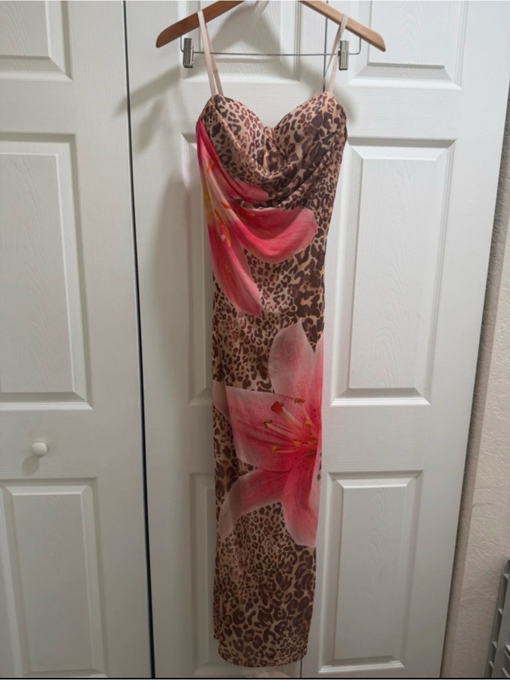 Almost Famous Leopard mesh Maxi Dress with Pink Floral Print NOWT